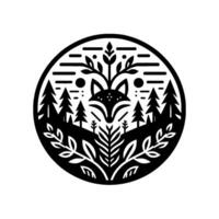 Minimalist Black and White Circular Stylized Fox in Forest with Trees, Leaves, and Decorative Elements, Symbolizing Nature. vector