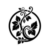 Elegant Black and White Wine Grape Vine , Circular with Leaves and Tendrils on a White Background. vector