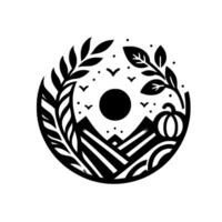Black and white circular illustration of a stylized autumn landscape, featuring mountains, a pumpkin, sun, leaves, and fields. vector