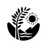 Black and White Circular Silhouette Wheat, Sun, Mountains, and Water. Symbolic depiction of nature and natural elements in a circular frame. vector
