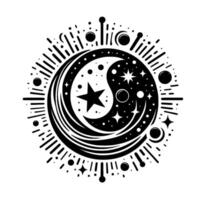 Celestial Yin Yang Starfilled crescent moon with a central star, surrounded by radiant bursts and dots. vector