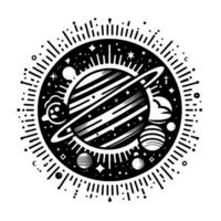 Intricate black and white celestial illustration featuring a planet with rings, surrounded by stars, planets, and a stylized, radiating border. vector