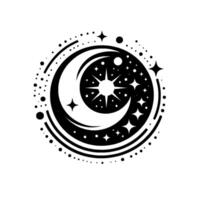 Celestial Emblem Crescent Moon Enclosing a Starburst Amidst a Nebula of Dots and Stars, Monochromatic . vector