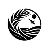 Black and White Coastal Crest A Circular with Palm Frond, Soaring Bird, Sun, and Sea Waves. vector