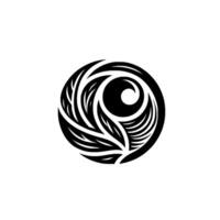 Black and White Circular A symmetrical emblem of flowing leaves and stylized eye element, creating a dynamic and modern with an organic theme. vector