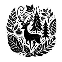 Black and White Circular Illustration of a Stag Surrounded by Forest Flora in a Art Style. vector