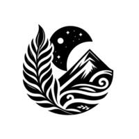 Black and White Circular Emblem Moon, Stars, Mountain, Leaf, and Swirls in a NatureInspired . vector