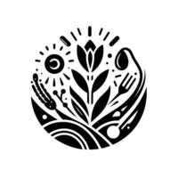 Circular Monochrome Illustration of a Garden, Combining Elements of Flora and Food with Sun and Utensils. vector