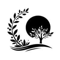 A minimalist black and white illustration features a stylized tree emerging from curved lines, juxtaposed with a circular backdrop, and a leafy floral arc. vector