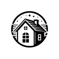 Minimalist Black and White House Inside a Circle, Surrounded by Stars, with Chimney and Windows Depicting Cozy and Peaceful Home vector