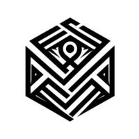 Intricate Black and White Hexagonal Pattern with a Central Eyelike Symbol, Illustrating Geometric Complexity. vector