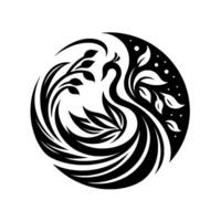 Elegant Black and White Phoenix with Leafy Branches Enclosed in a Circular , Symbolizing Rebirth and Natures Harmony. vector