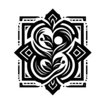 Symmetrical Black White Botanical Mandala with Intricate Leafy Pattern, Geometric Border Central Circle. vector