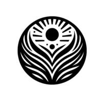Minimalist black and white circular featuring sunlike element and stylized feather or leaflike shapes, symmetrical, bold, and geometric. vector