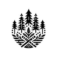 Stylized Black and White Forest Emblem Evergreen Trees, Foliage, and Geometric Elements in a Circular . vector