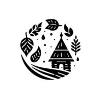 Black and White Illustration Rural cottage enclosed in a leaf and droplet border, creating a harmonious nature scene. vector