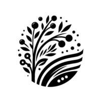 Minimalist Black and White Circular Featuring Berries, Leaves, and Abstract Curved Lines, Evoking Nature. vector