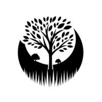 Stylized Black and White Illustration of a Tree Enclosed within a Circular Landscape, with Smaller Trees, and a Textured . vector
