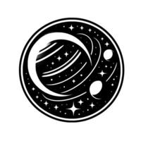 Cosmic emblem of a stylized planet with crescent, orbits, and celestial bodies, all within a circular frame, in bold black and white. vector