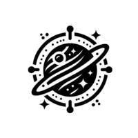 Stylized Black and White Illustration of a Ringed Planet Surrounded by Starry Dots Symbols in a Circular Framework. vector