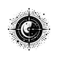 Black and White Celestial Compass A symmetrical featuring a compass rose, moon phase, stars, and radiant lines, set against a stark white background. vector