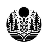 Stylized Black and White Forest Scene Trees, Foliage, and a Sun Circle in Circular Composition. vector