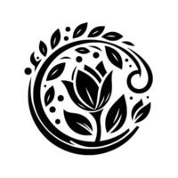 Elegant, symmetrical black and white stylized floral emblem featuring a central flower, framed by a circular border with leaves and decorative elements, set against a plain white background. vector