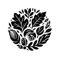 Circular Black White Botanical Composition Featuring Varied Leaves and Small Decorative Elements on a White Background. vector
