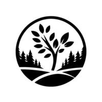 Silhouette of a tree and evergreen forest within a circular frame, emphasizing natures simplicity and tranquility. vector