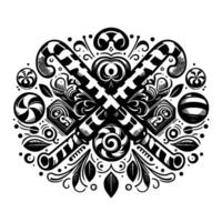 Intricate symmetrical black and white featuring crossed candy canes, sweets, swirls, and decorative botanical elements. vector
