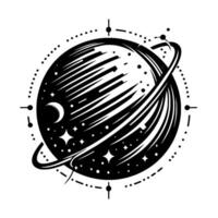 Intricate Black and White Celestial Illustration Planet with Rings, Moon, Stars, and Dotted Compasslike Elements vector