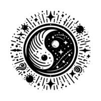 Celestial Yin Yang Cosmic Harmony in Black and White with Stars, Planets, and Bursting Energy. vector