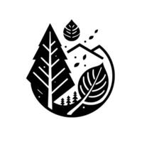 A stylized black and white nature emblem featuring a pine tree, leaves, mountains, and smaller trees within a circular frame, exuding simplicity. vector