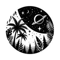 Surreal Black and White YinYangStyle Illustration Half Terrestrial Landscape with Palm Trees, Half Starry Outer Space with Ringed Planet, Within a Circle vector