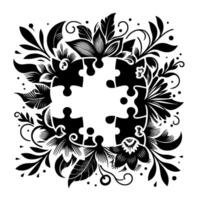 Black and white floral frames a fourpiece puzzle, symbolizing unity and completion. vector