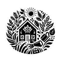 Stylized black and white illustration of a house nestled within a circle of thriving flora, with watering can and sun. vector