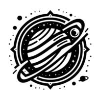 Geometric Black and White Illustration of a Lined Planet with Orbiting Ring, Stars, and Additional Celestial Bodies within an Outer Circular Frame. vector