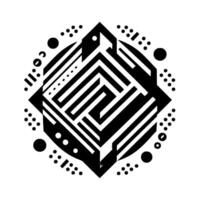 Geometric Abstract Black and White Composition with Labyrinthine Core and Circular Dot Accents, Minimalist . vector
