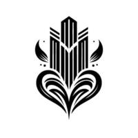 Abstract Black and White Floral Emblem with Architectural Elements and Leafy Accents on White Background vector