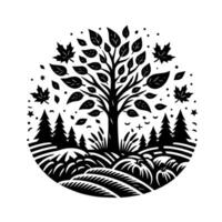 Monochromatic illustration of a tree surrounded by falling leaves, stylized fir trees, and a pumpkin patch, all contained within a circular frame. vector
