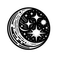 Monochrome celestial featuring a crescent moon, radiating stars, sunburst, and constellations within a circular composition. vector