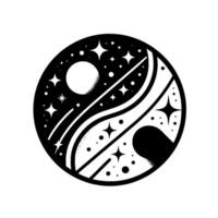 YinYang Cosmos A black and white circular depicting the duality of space, stars, moon, and celestial lines within the universe. vector