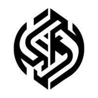 A bold, geometric featuring an abstract, black and white, symmetrical pattern within a stylized leaf shape. vector