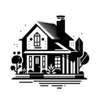 Elegant black and white illustration of a cozy home with geometric trees, minimalist details, and a modern aesthetic. vector