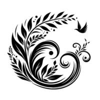 Intricate Black Floral with a Bird, Featuring Swirls and Detailed Leaf Patterns on White Background. vector