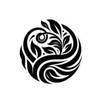 Intricate black and white circular ornamental featuring stylized leaves, swirling patterns, and a central eyelike motif, against a white background. vector