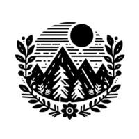 Black and white minimalist nature scene in a circular frame, featuring mountains, trees, a sun, and floral elements. vector