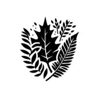 Monochromatic Floral Arrangement Stylized Black and White Illustration of Diverse Leaf Forms, Showcasing Natures Abstract Beauty, with Sprinkled Details vector