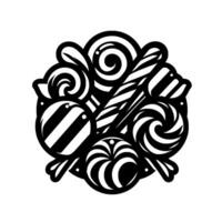 Intricate monochrome illustration of various candies lollipops, swirls, and striped sticks arranged in a cohesive circular composition on white. vector