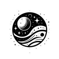 Celestial YinYang Black and white circular illustration with planets, stars, crescent moon, and flowing landscape. vector